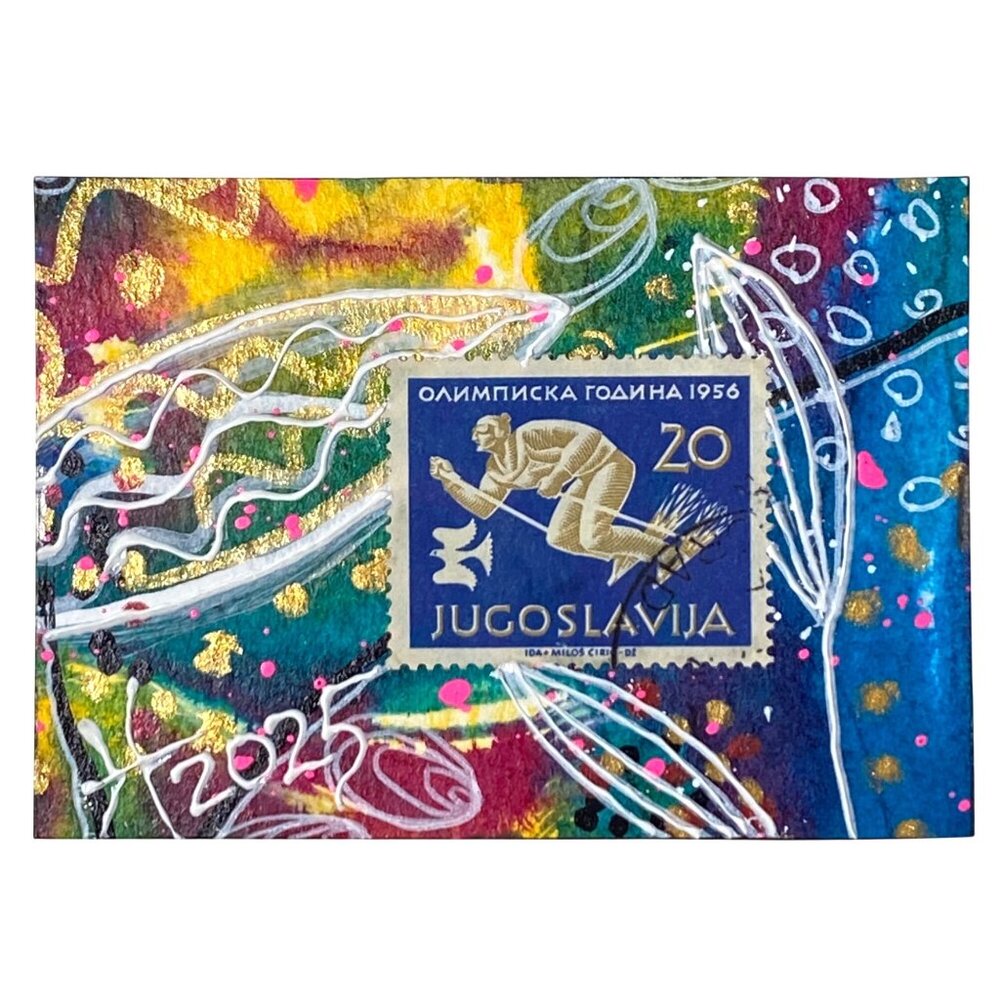 ACEO Original Art Acrylic Mixed Media 3D Paint 1956 Yugoslavia Postage Stamp ATC
